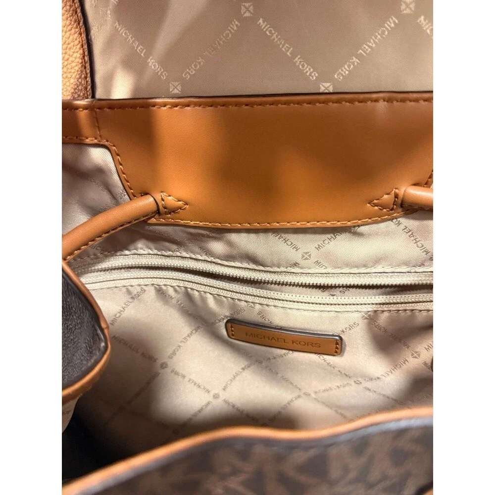 Michael Kors Abbey Signature MK Brown Leather Flap Backpack Rucksack